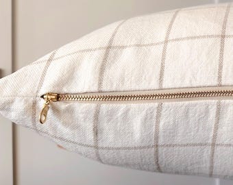 Linen Windowpane Check Pillow Cover: Neutral Beige Decor Camel and Ivory