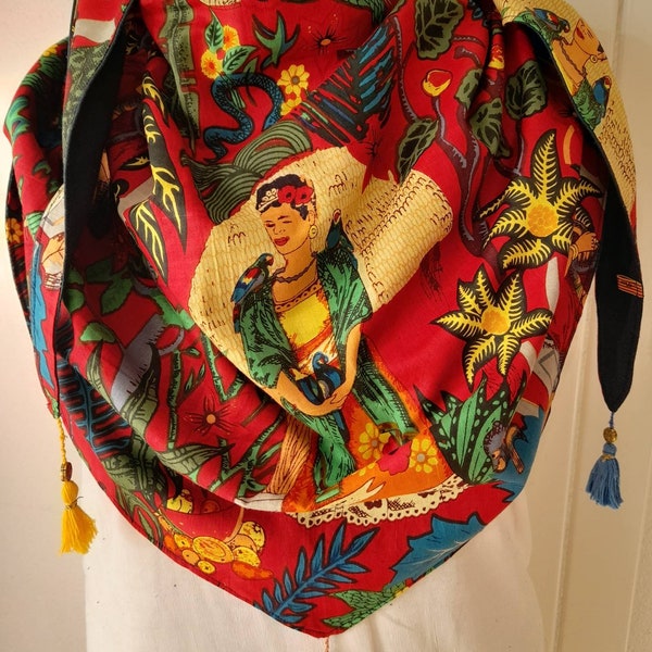 Chèche or shawl in cotton printed Frida Kahlo and silk - red