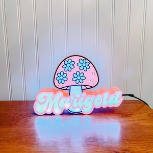 May include: A pink mushroom-shaped light with blue flower accents and the name "Marigold" in a retro font. The light sits on a wooden surface and has a black power cord.