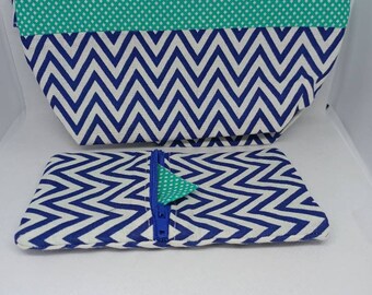 Cotton zipper pouch set.  Handmade with blue and white zig-zag pattern