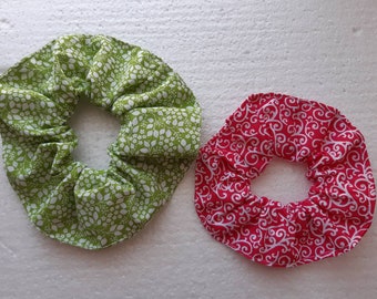 Hair Scrunchies - Green flowered, red patterned.  Cotton fabrics in medium and large / hand-made in UK