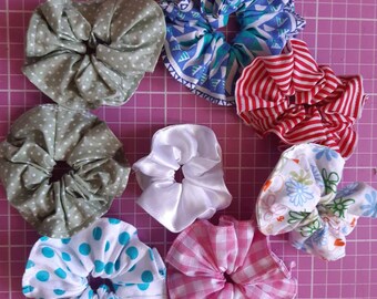 Hair Scrunchies - multi colours:   Pink/green/red/blue/white.  Cotton fabrics.  Small hand-made in the UK