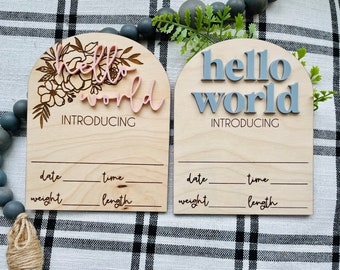 Hello World, Birth announcement, I’m new here, Wood Birth announcement, Floral Birth Announcement