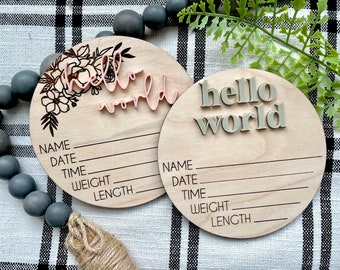 Hello World, Birth announcement, I’m new here, Wood Birth announcement