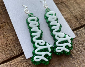 Script Team Earrings, Script Spirit Earrings, Game Day Earrings, Sports Earrings, Custom Team Earrings, Glitter Sport Earrings