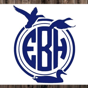 May include: A blue monogram with the letters "EBH" in a circle, surrounded by three flying duck silhouettes.