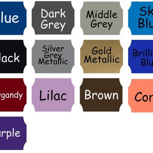 May include: A chart of color swatches with the names of each color written in black text. The colors include blue, dark grey, middle grey, sky blue, black, silver grey metallic, gold metallic, brilliant blue, burgundy, lilac, brown, coral, and purple.
