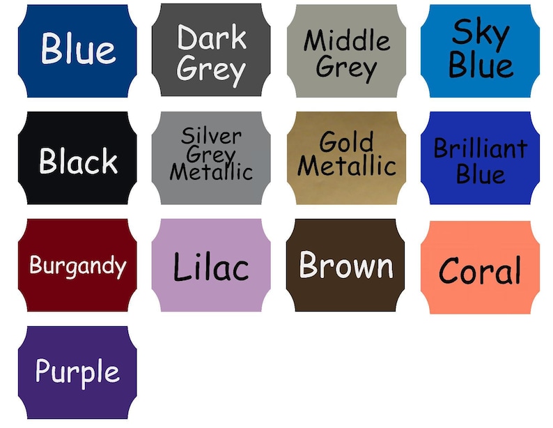 May include: A chart of color swatches with the names of each color written in black text. The colors include blue, dark grey, middle grey, sky blue, black, silver grey metallic, gold metallic, brilliant blue, burgundy, lilac, brown, coral, and purple.