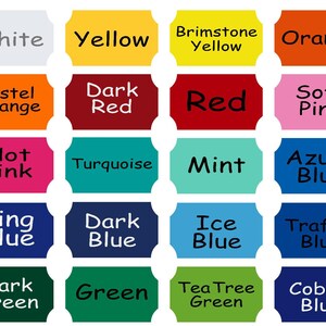 May include: A chart of color names with 20 different color swatches. The colors include white, yellow, orange, red, pink, turquoise, mint, blue, green, and brown.