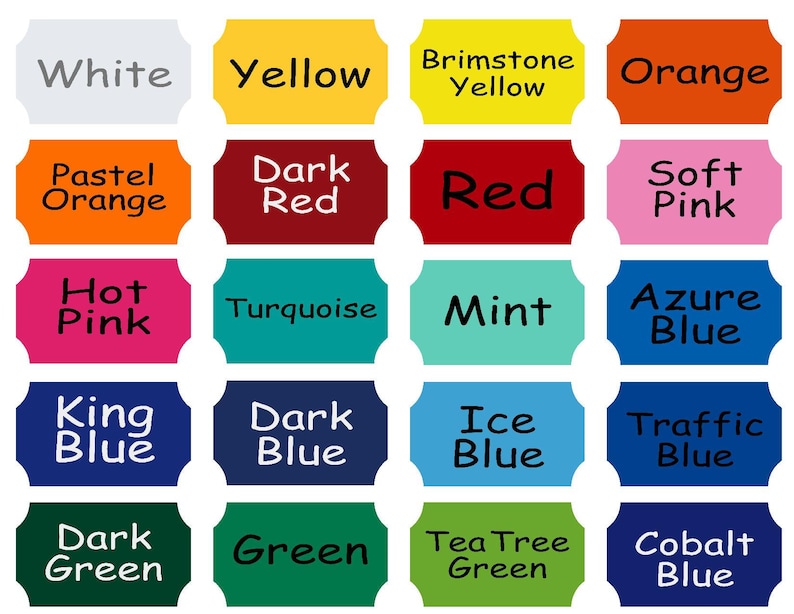 May include: A chart of color names with 20 different color swatches. The colors include white, yellow, orange, red, pink, turquoise, mint, blue, green, and brown.