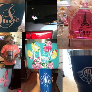 May include: A collection of personalised tumblers and a glass block with a unicorn design. The tumblers feature various designs, including a monogram, a paw print, and a golf ball. The glass block has a pink background with a black unicorn and the name "Piper" written in black.