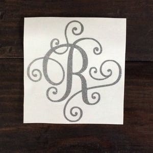 May include: A silver glitter vinyl decal with a decorative script letter R.