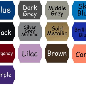 May include: A color chart with 14 different colors, including blue, grey, black, silver, gold, burgundy, lilac, brown, coral, and purple. The colors are displayed in a grid format with the names of the colors written below each color swatch.