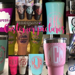 May include: A collage of images showcasing various personalized tumblers with different designs and colors. The tumblers feature monograms, names, and other designs. The text "Customer Pictures" is visible in the center of the collage.