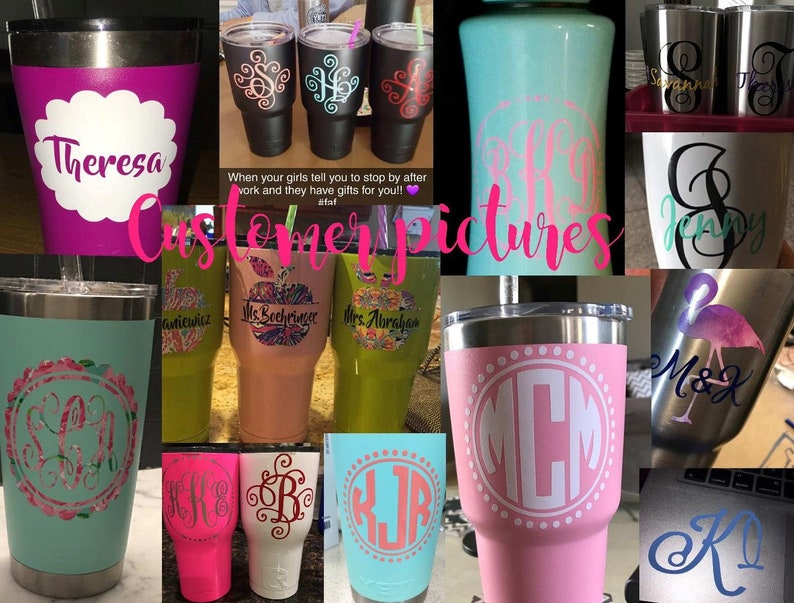 May include: A collage of images showcasing various personalized tumblers with different designs and colors. The tumblers feature monograms, names, and other designs. The text "Customer Pictures" is visible in the center of the collage.