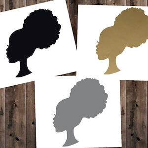 May include: Three silhouette images of a person with an afro hairstyle. The silhouettes are in black, gold, and gray.