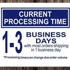 May include: White sign with blue text and border. The text reads "CURRENT PROCESSING TIME 1-3 BUSINESS DAYS with most orders shipping in 1 business day *Processing times can change due order volume"