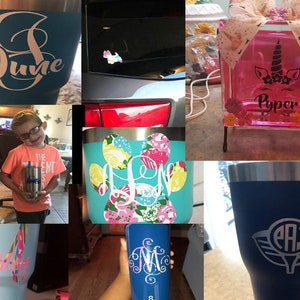 May include: A collection of personalized tumblers and a glass block with a unicorn design. The tumblers feature various designs, including a monogram, a paw print, and a golf ball. The glass block has a pink background with a black unicorn and the name "Piper" written in black.