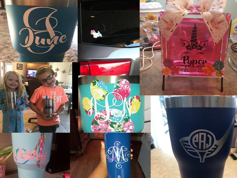 May include: A collection of personalized tumblers and a glass block with a unicorn design. The tumblers feature various designs, including a monogram, a paw print, and a golf ball. The glass block has a pink background with a black unicorn and the name "Piper" written in black.