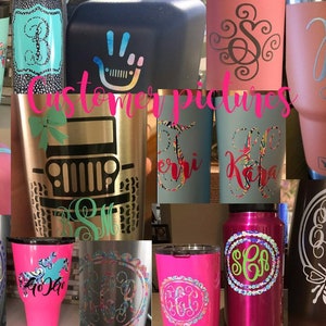 May include: A collage of various personalized tumblers with different designs and colors. The tumblers feature monograms, names, and other designs. Some of the tumblers are stainless steel, while others are painted with different colors. The tumblers are all in focus and are arranged in a grid pattern.