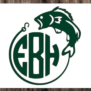 May include: Green monogram with the letters "EBH" inside a circle with a green fish jumping out of the circle.