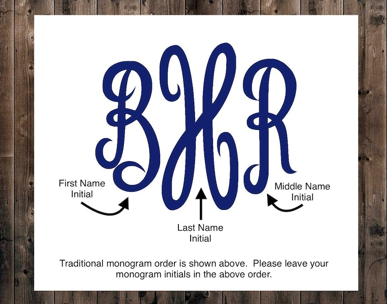 May include: A diagram showing the traditional monogram order for a three-letter monogram. The first letter is on the left, the last letter is in the middle, and the middle letter is on the right. The text reads: "First Name Initial", "Last Name Initial", "Middle Name Initial".  "Traditional monogram order is shown above. Please leave your monogram initials in the above order."