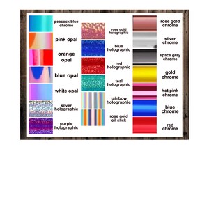 May include: A chart showing different holographic and chrome finishes for nail polish. The finishes include peacock blue chrome, pink opal, orange opal, blue opal, white opal, silver holographic, purple holographic, rose gold holographic, blue holographic, red holographic, teal holographic, rainbow holographic, rose gold oil slick, rose gold chrome, silver chrome, space gray chrome, gold chrome, hot pink chrome, blue chrome, and red chrome.