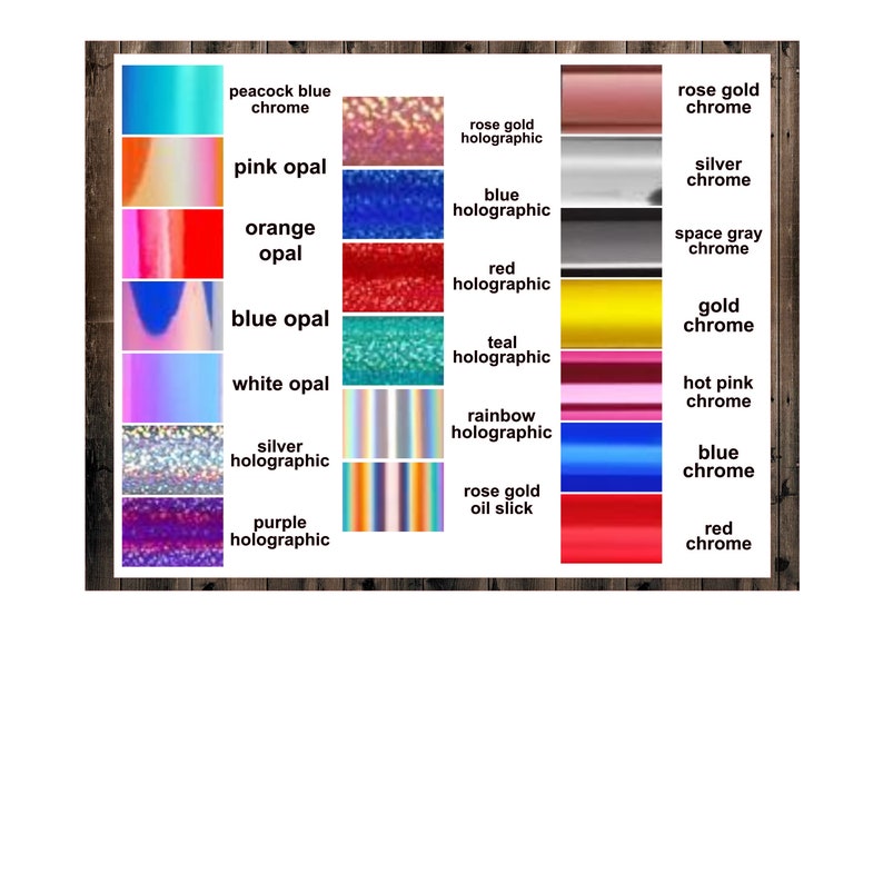May include: A chart showing different holographic and chrome finishes for nail polish. The finishes include peacock blue chrome, pink opal, orange opal, blue opal, white opal, silver holographic, purple holographic, rose gold holographic, blue holographic, red holographic, teal holographic, rainbow holographic, rose gold oil slick, rose gold chrome, silver chrome, space gray chrome, gold chrome, hot pink chrome, blue chrome, and red chrome.
