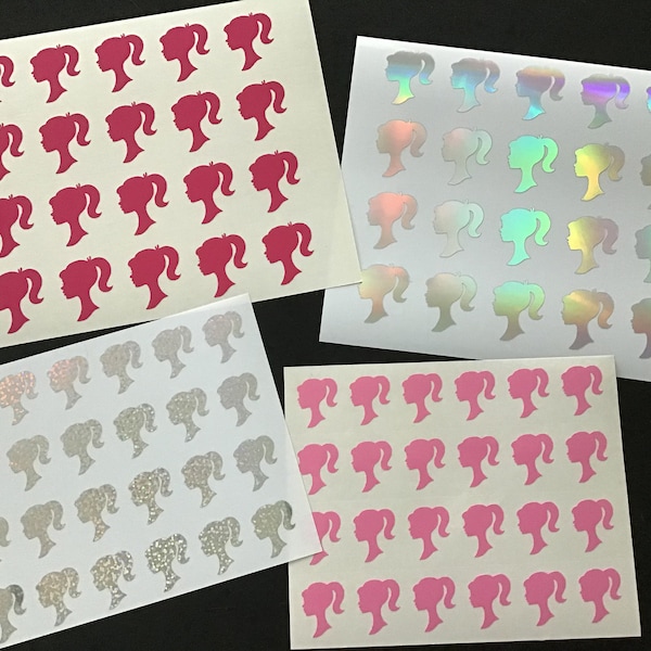 24 Girl Head Silhouette Vinyl Stickers, Doll Head Decal Stickers, Holographic Vinyl Stickers, DIY Sticker Crafts, Party Favor Bag Stickers