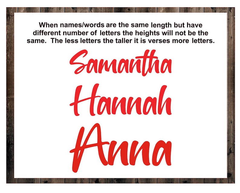 May include: A white background with a wooden frame. The text "When names/words are the same length but have different number of letters the heights will not be the same. The less letters the taller it is verses more letters." is written in black. The names "Samantha", "Hannah", and "Anna" are written in red cursive.