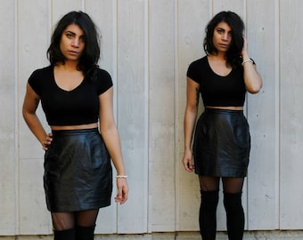 Vintage 90s Black Leather Pencil Skirt