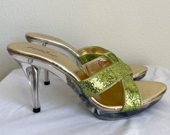 Green Glitter Platform Heels | Acrylic Clear Shoe | Vintage Disco Slides | Jacqueline Ferrar | Size 7.5