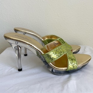 Green Glitter Platform Heels | Acrylic Clear Shoe | Vintage Disco Slides | Jacqueline Ferrar | Size 7.5