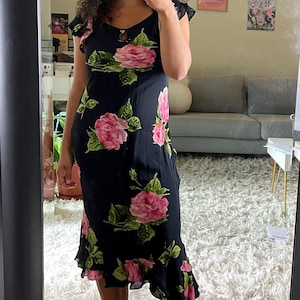 Vestido maxi de hada con cuentas y flores Y2K, estilo vintage de los años 2000, con dobladillo con volantes románticos, talla S/M
