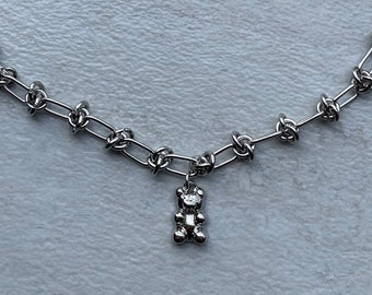 Chunky Silver Teddy Bear Necklace Stainless Steel | Grunge