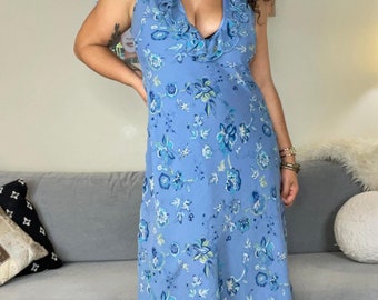 Vintage 90s blue silk floral fairy ruffle midi dress | size m