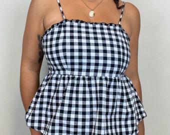 black and white checked gingham peplum cotton tank top | size m