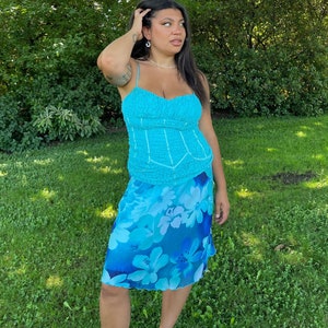 Vintage Y2K Blue Floral Midi Skirt | Hibiscus Slip Skirt
