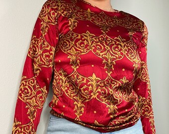 100% Silk Baroque Print Blouse | Red & Gold | Vintage 80s 90s | Small Medium