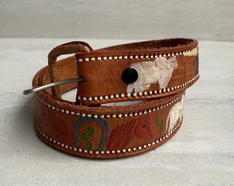 Leather Tooled Hand Painted Western Style Belt | Made in Mexico |