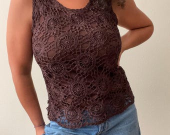 y2k vintage 00's brown crochet tank top boho size m/l