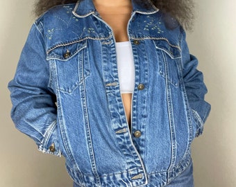 Vintage 90s Floral Embroidered Oversize Denim Jacket