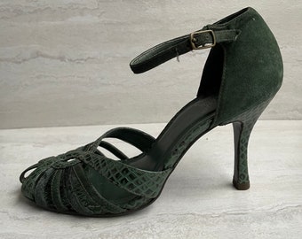 Carlos by Carlos Santana Green Leather Cage Heels | Vintage 90s | Leather Strappy Shoe | Size 7