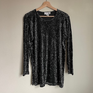 Vintage Metallic Black and Silver Long Sleeve Tunic Top | Size M