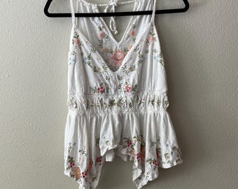 Anthropologie flowy embroidered white fairy tank cottage boho