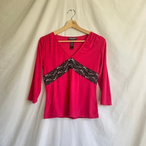 Y2K Hot Pink Lace Long Sleeve Top | Vintage 2000&#39;s | Bisou Bisou | Size Large