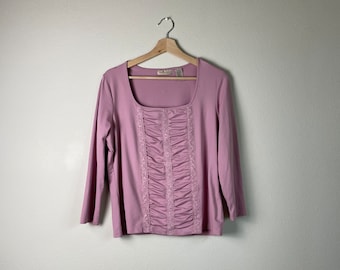 Y2K vintage 2000s pink ruched milkmaid long sleeve blouse | size