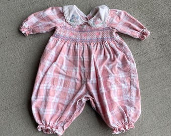 90s vintage baby girl plaid embroidered dainty romper | Size 3-6 months