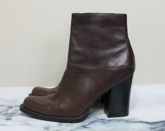 Vintage 90s Brown Leather Boots | High Heel Ankle Boot | Size US 8 EUR 38