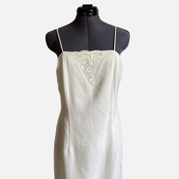 90s Vintage White Semi Formal Strappy Mini Dress with Lace Detail | Size Medium M